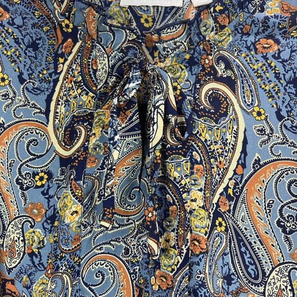 Sunny Leigh Blue Print Peasant Top Sz LARGE Tie Neck Ruffle Collar Puff Sleeves - Picture 6 of 7